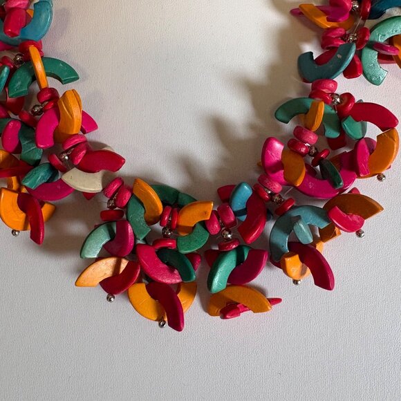 Boho Multicolor Wooden Bead Statement Necklace Chunky Tropical Artisan Jewelry - Picture 3 of 8